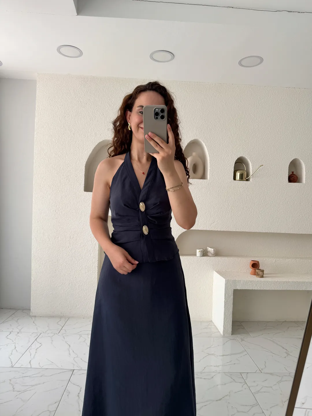 Lacivert Halter Yaka Taş Düğme Detaylı Etekli Takım