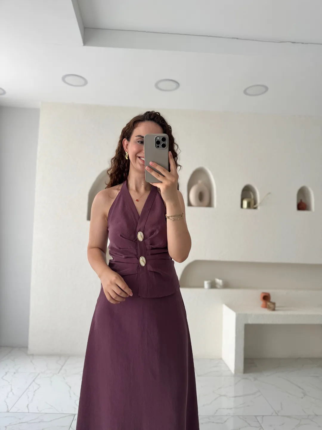 Mürdüm Halter Yaka Taş Düğme Detaylı Etekli Takım