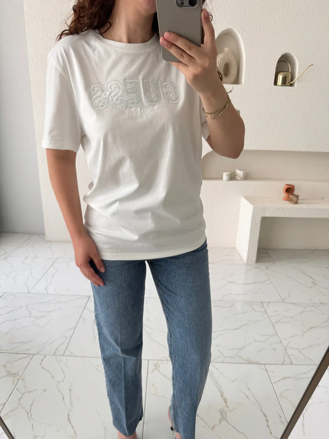 Beyaz Orijinal Marka Taş Baskılı T-Shirt