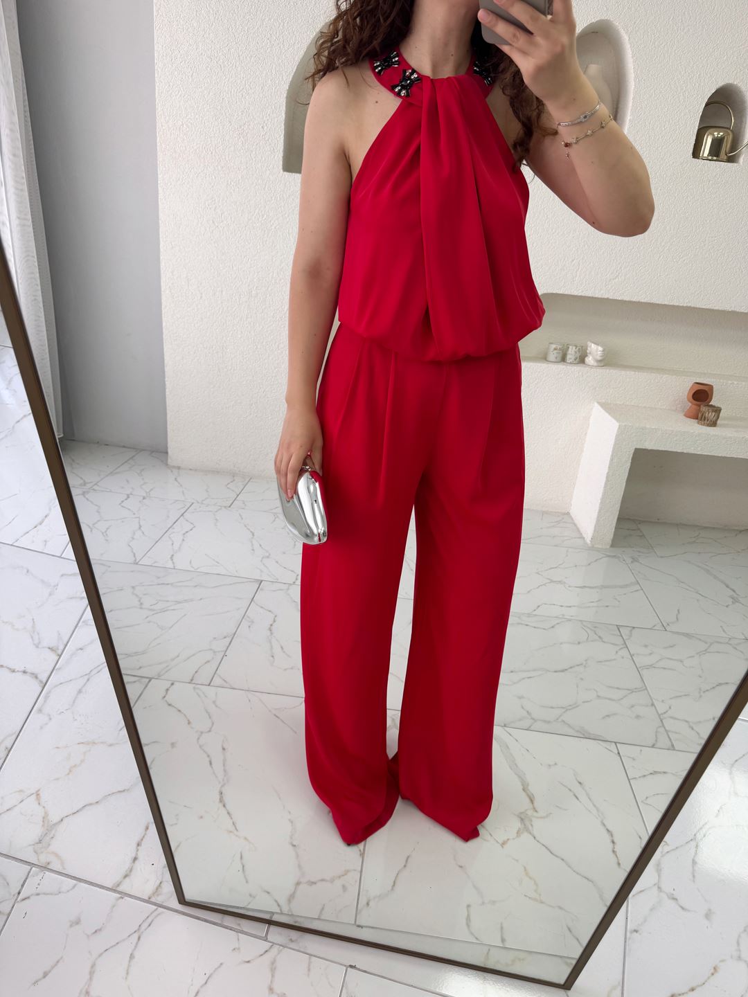 Kırmızı Boncuklu Halter Yaka Tulum