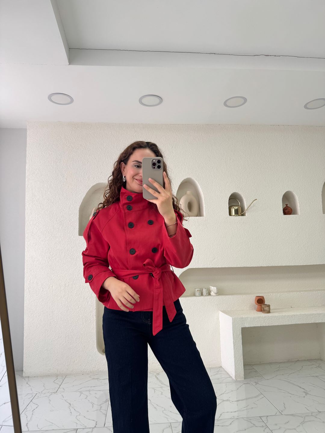 Kırmızı Premium Dik Yaka Kuşaklı Trençkot