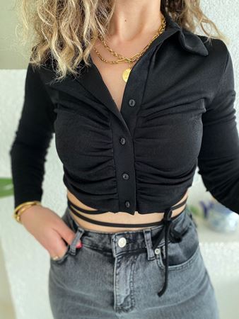 Siyah Beli Bağlama Detaylı Bluz