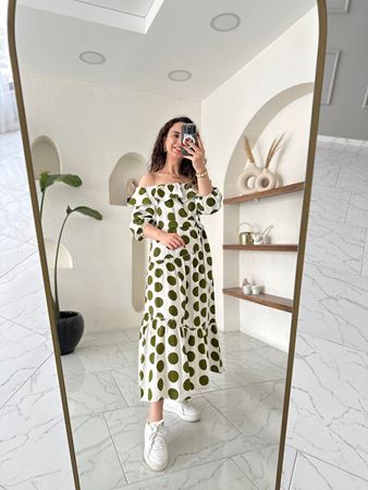 ZR Yeşil Puantiyeli Madonna Yaka Elbise