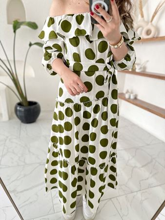 ZR Yeşil Puantiyeli Madonna Yaka Elbise