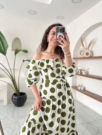 ZR Yeşil Puantiyeli Madonna Yaka Elbise