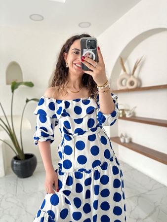 ZR Saks Puantiyeli Madonna Yaka Elbise