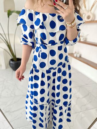 ZR Saks Puantiyeli Madonna Yaka Elbise