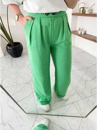 Yeşil Çift Düğme Detaylı Keten Palazzo Pantolon