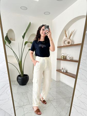 Ekru Klasik Görünümlü Keten Kargo Pantolon