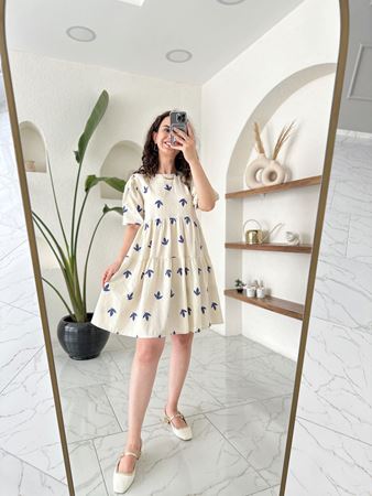 Lacivert Nakışlı Yaprak Desenli Katlı Keten Elbise