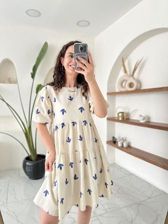 Lacivert Nakışlı Yaprak Desenli Katlı Keten Elbise