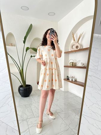 Turuncu Nakışlı Yaprak Desenli Katlı Keten Elbise