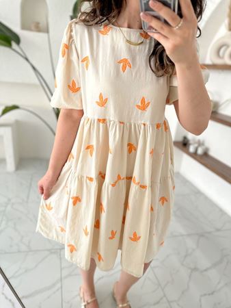 Turuncu Nakışlı Yaprak Desenli Katlı Keten Elbise