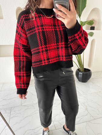 Orijinal Marka Kırmızı Siyah Crop Kazak