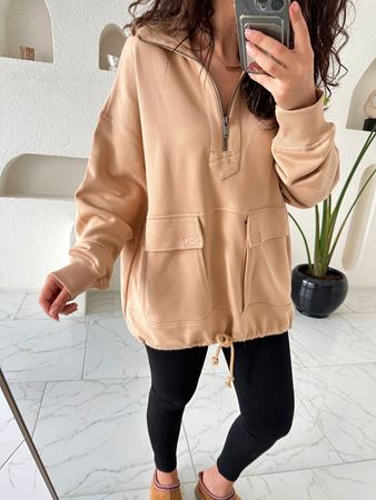 Camel Fermuarlı Kapak Cepli Sweatshirt