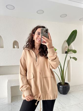 Camel Fermuarlı Kapak Cepli Sweatshirt