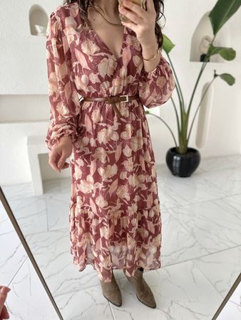 Kiremit Kruvaze Yaka Desenli Kemerli Elbise