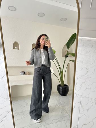 Antrasit Düğme Detaylı Boydan Çizgili Yün Pantolon