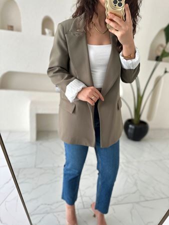 Haki Astarı Çizgili Premium Oversize Blazer Ceket