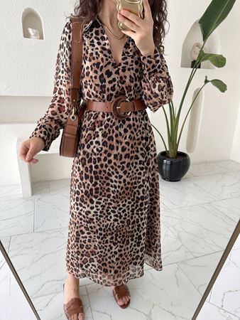 Leopar Desenli Kemerli Maxi Boy Elbise