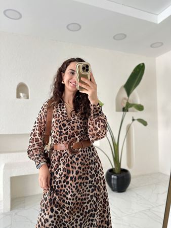 Leopar Desenli Kemerli Maxi Boy Elbise