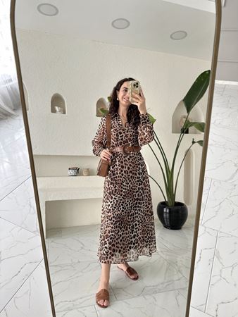 Leopar Desenli Kemerli Maxi Boy Elbise