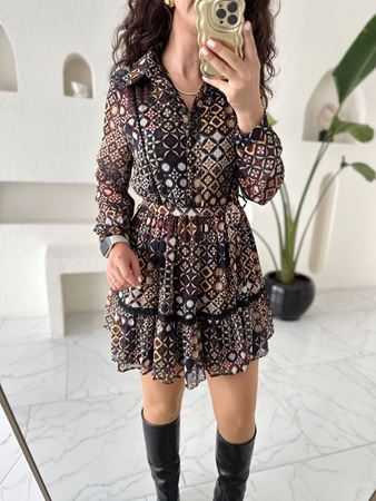 Renkli Geometrik Desenli Kuşaklı Şifon Mini Elbise