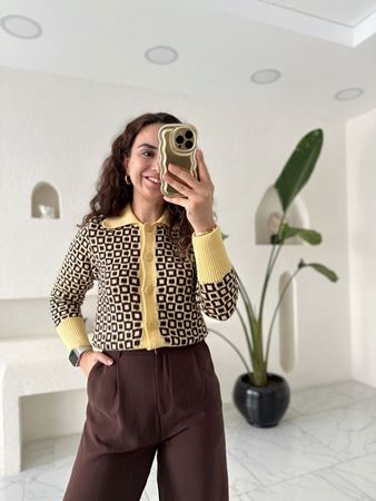 Sarı Polo Yaka Kareli Hırka