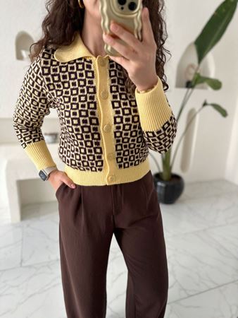 Sarı Polo Yaka Kareli Hırka