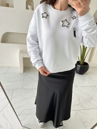 BYMN Beyaz Taşlı Sweatshirt
