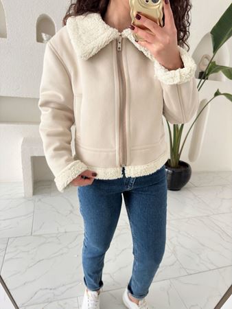 Bej İçi Kürklü Tasarım Nubuk Mont