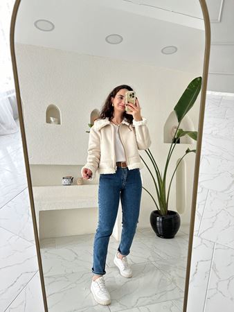 Bej İçi Kürklü Tasarım Nubuk Mont