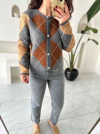 Camel-Antrasit Bakalava Desenli Vintage Silver Düğmeli Hırka