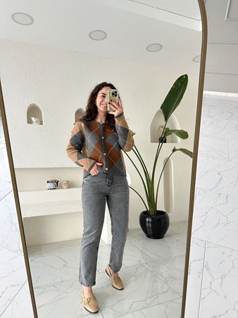 Camel-Antrasit Bakalava Desenli Vintage Silver Düğmeli Hırka