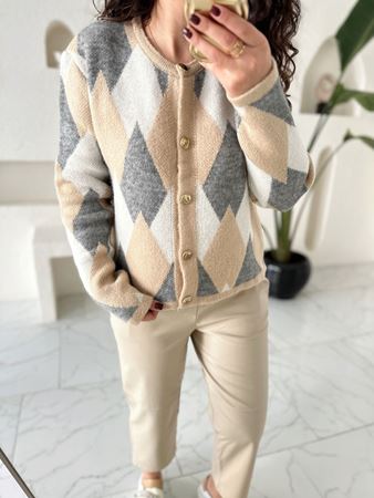 Bej-Krem Bakalava Desenli Vintage Silver Düğmeli Hırka