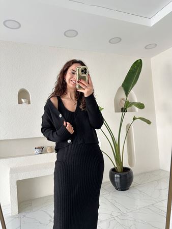 Siyah Askılı Fitilli Elbise Hırka İkili Takım