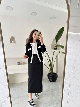 OYS Siyah Beli Lastikli Arkadan Yırtmaç Detaylı Modal Etek