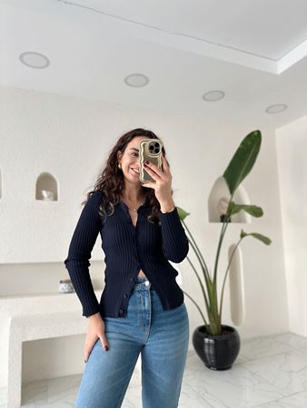 Lacivert Polo Yaka Fitilli Triko Hırka