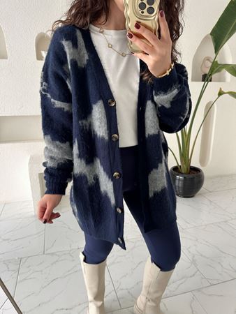 Lacivert Gri V Yaka Oversize Hırka