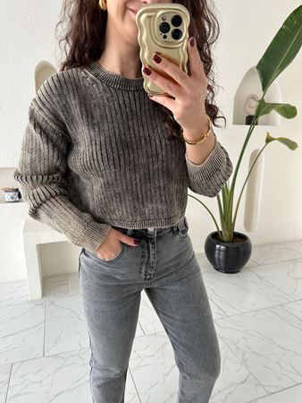 Bej Soluk Efektli Bisiklet Yaka Crop Kazak