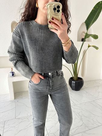 Gri Soluk Efektli Bisiklet Yaka Crop Kazak