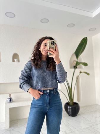 Lacivert Soluk Efektli Bisiklet Yaka Crop Kazak