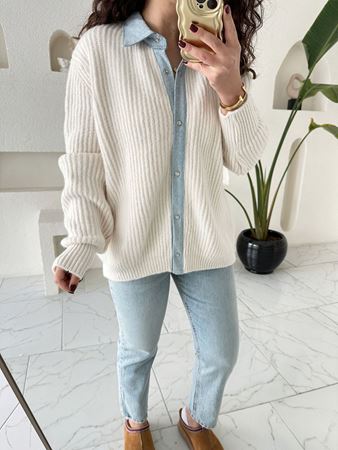 Ekru Kot Detaylı Çıtçıt Düğmeli Tasarım Hırka