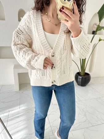 Ekru Ajurlu Üç Düğme Hırka