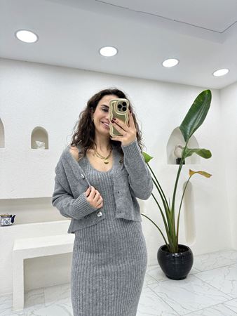 Gri Askılı Fitilli Elbise Hırka İkili Takım