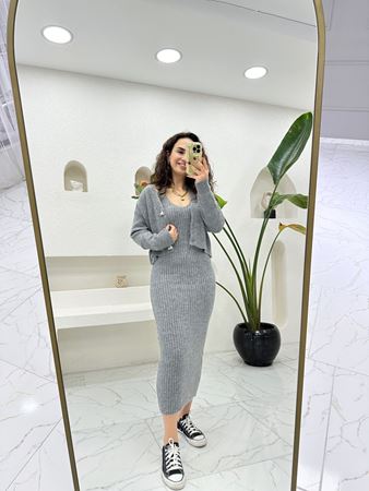 Gri Askılı Fitilli Elbise Hırka İkili Takım