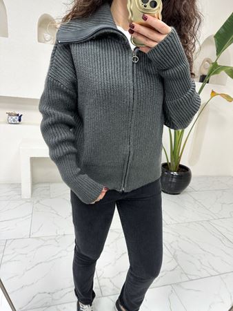 Antrasit Fermuarlı Örgü Hırka