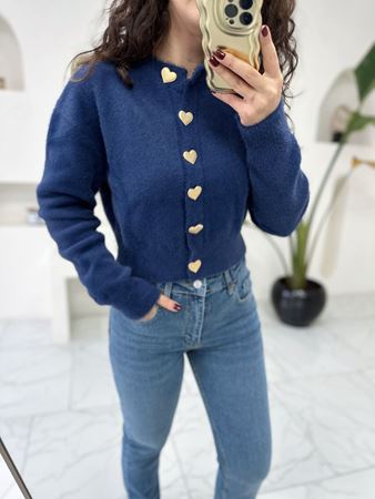 Lacivert Kalp Düğmeli Yumoş Hırka