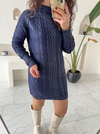 Lacivert Varaklı Örgü Tunik Elbise