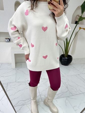 Ekru Pembe Kalp İşlemeli Kazak